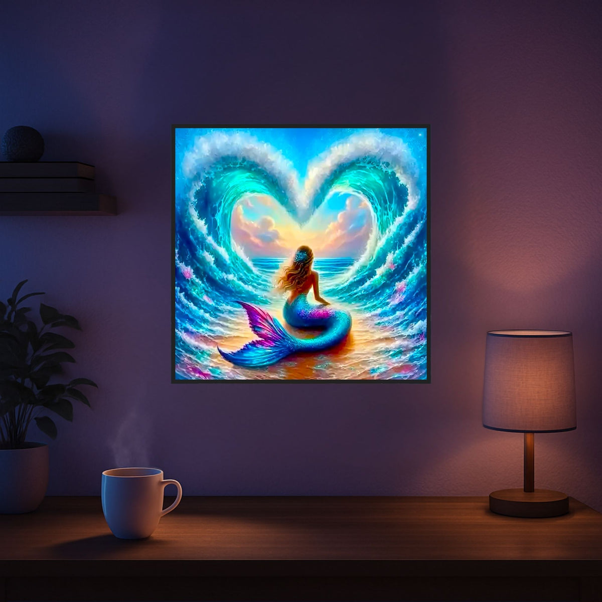 Diamond Painting Set Liebe der Meerjungfrau: Buntes Fantasy-Motiv mit herzförmigen Wellen und glitzernden Strasssteinen.