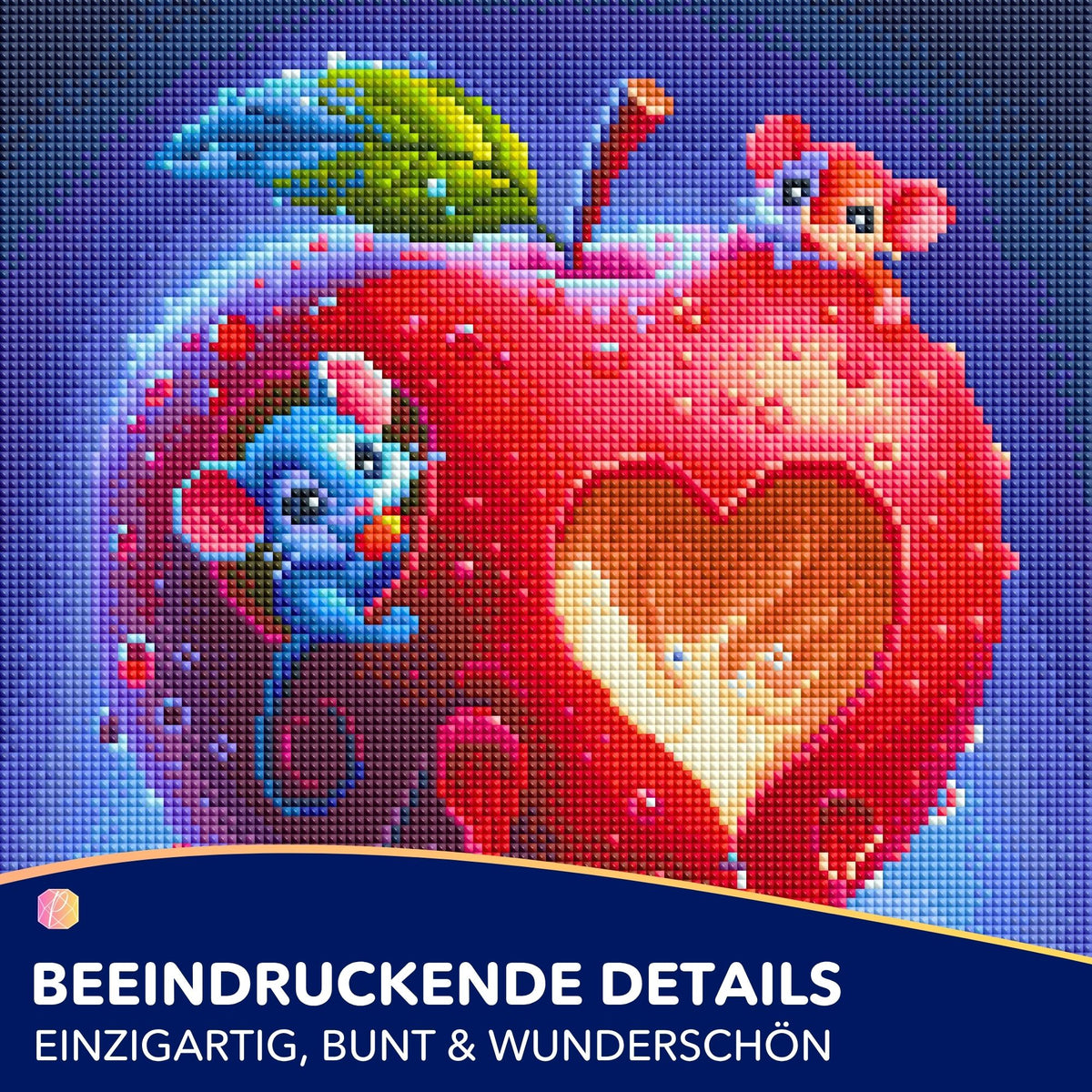 Diamond Painting Set Liebe im Mäusehaus mit bunten Mäusen und großem rotem Apfel mit Herz-Motiv aus Glitzersteinen