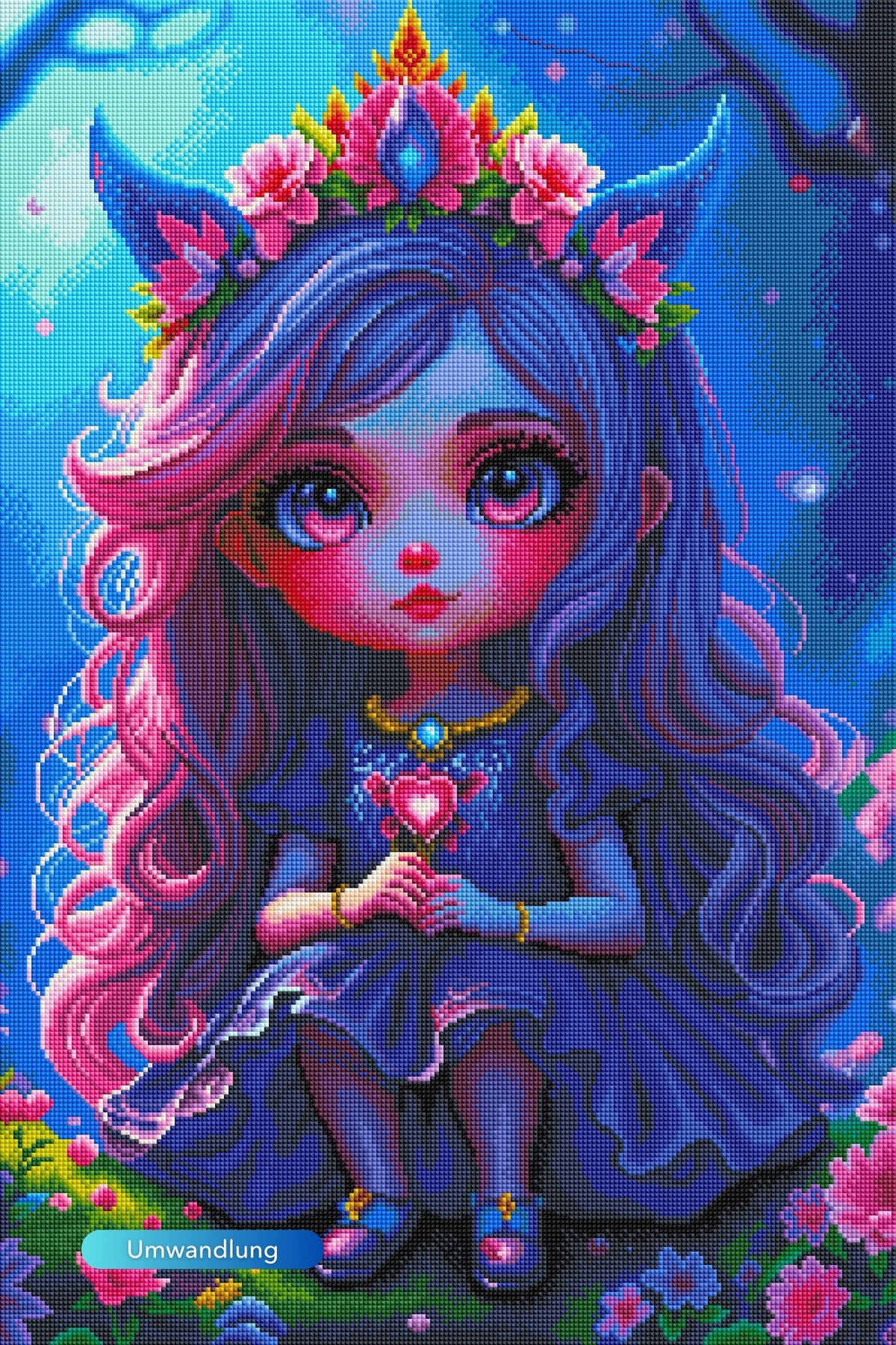 Diamond Painting Little Violett mit fantasy Mädchen, Blumenkranz und glitzernden Strasssteinen in Lila- und Rosatönen.