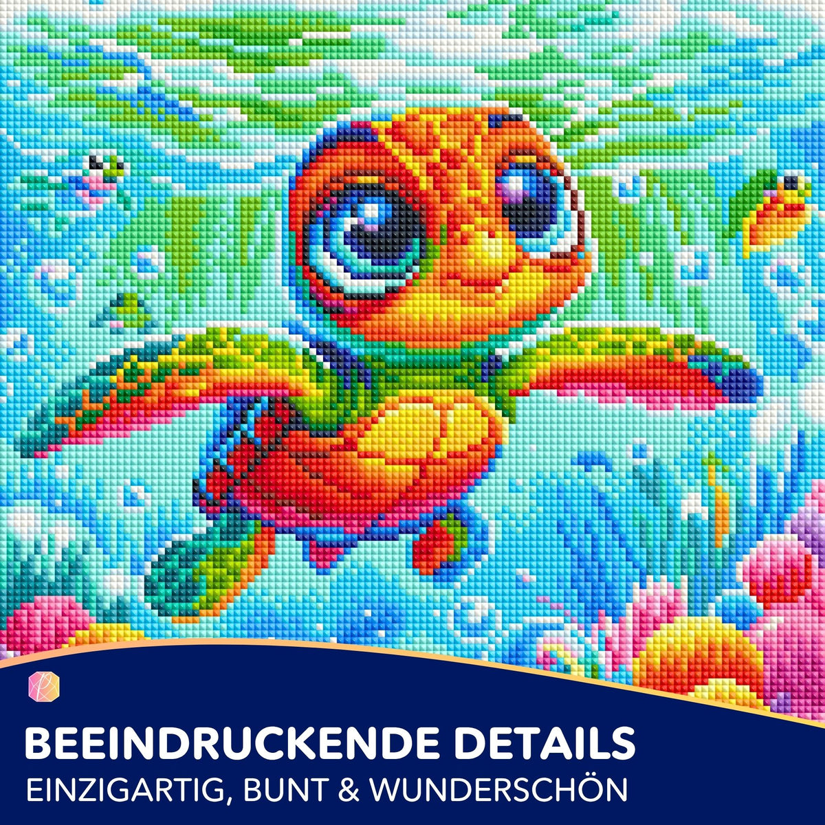 Buntes Diamond Painting Set mit einer süßen Babyschildkröte im Ozean, gestaltet aus glitzernden Diamanten und Strasssteinen.