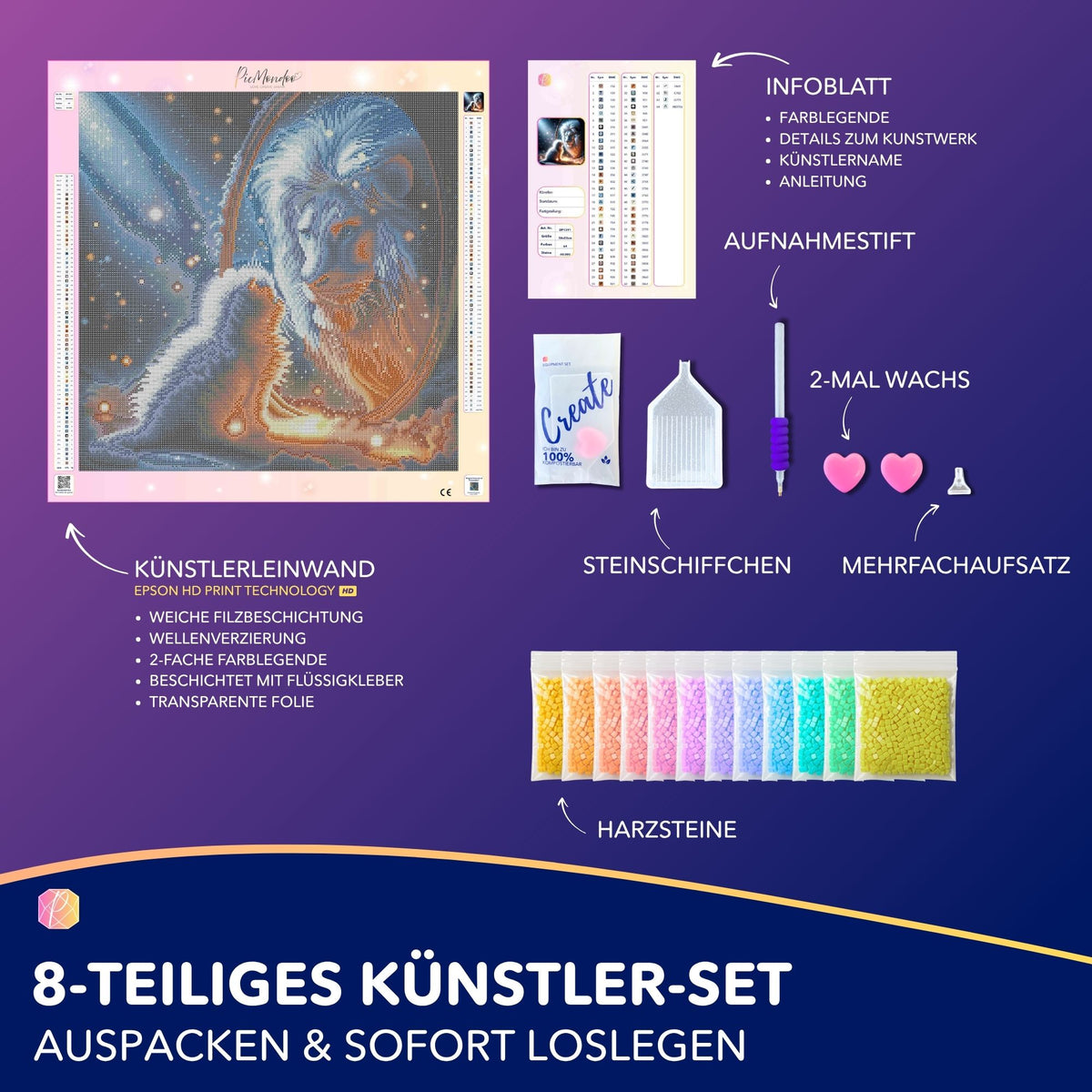 Diamond Painting Set Vater und Sohn Löwen Motiv mit Leinwand, Glitzersteinen, Stift und Zubehör für entspannendes Basteln