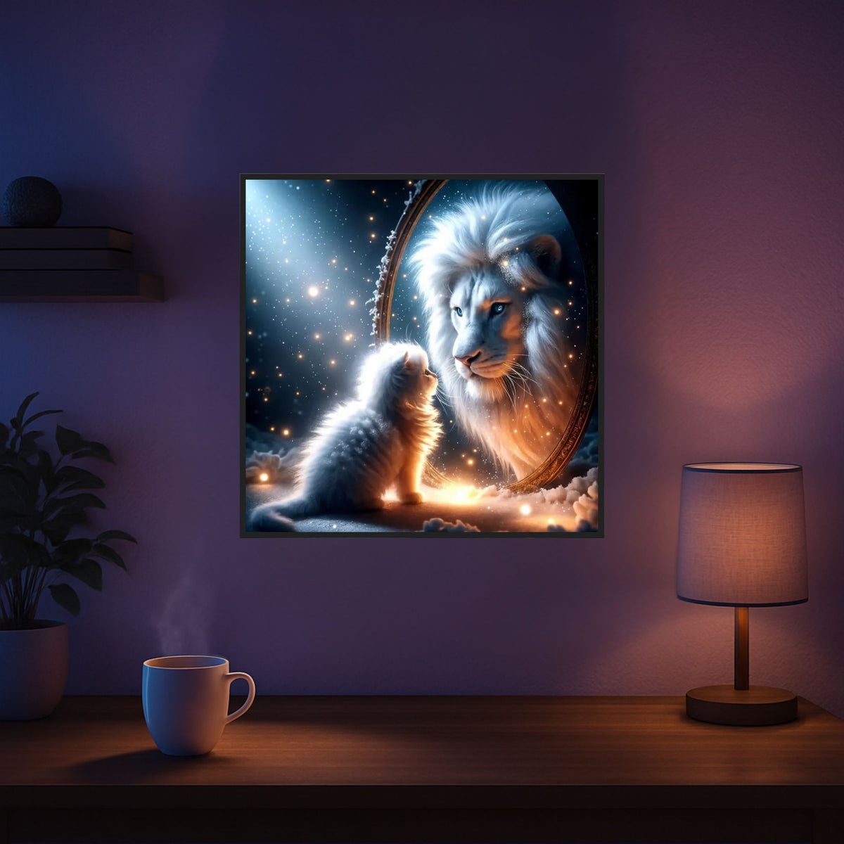 Diamond Painting Set Löwe Vater und Sohn im Spiegel, funkelndes Fantasy-Motiv mit glänzenden Steinen für Erwachsene.
