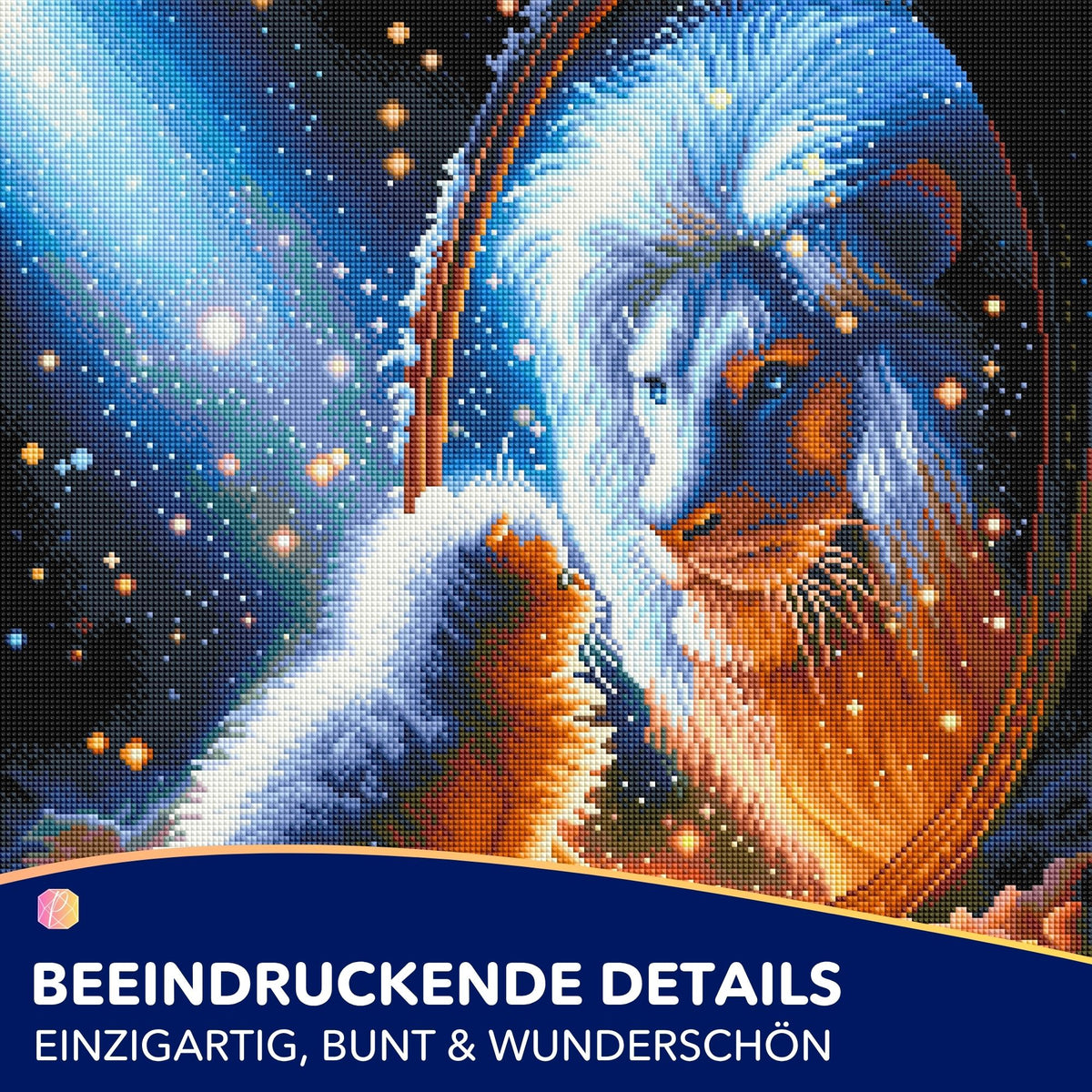 Diamond Painting Set Vater und Sohn: Motiv mit Löwen in einem Spiegel vor nächtlicher Galaxie mit glänzenden Steinen.