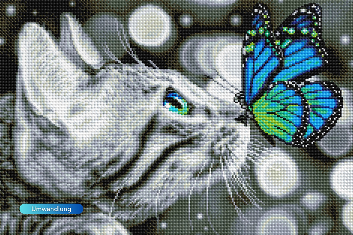 Diamond Painting Set Lovely Cat mit Schmetterling, eckige Steine auf Leinwand, detailliertes Katzen Motiv zur Entspannung.