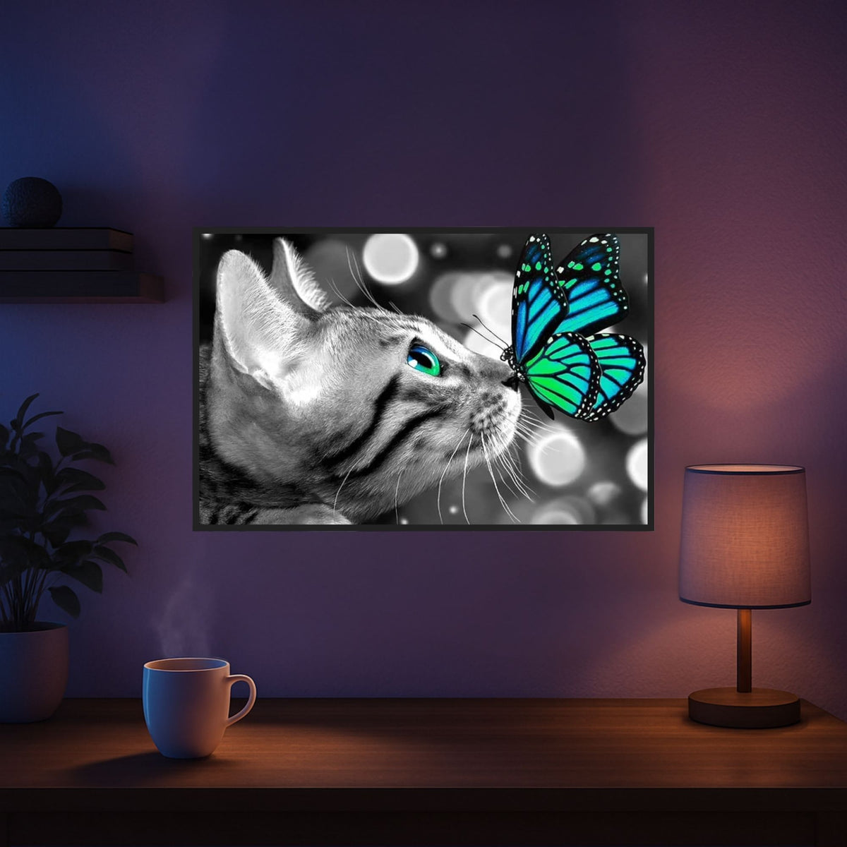 Diamond Painting Set Katze mit blauem Schmetterling, 40x60cm Leinwand mit funkelnden eckigen Steinen