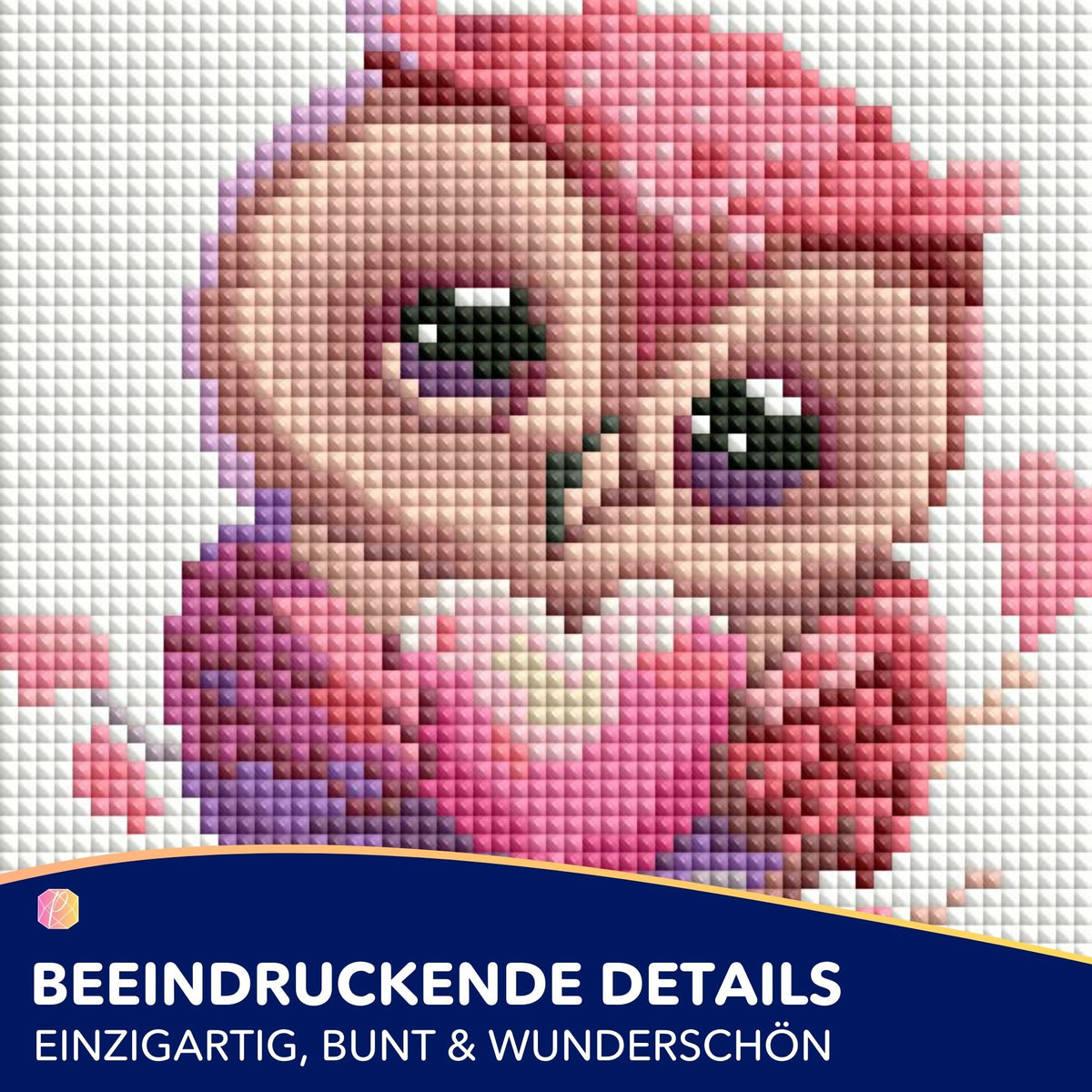 Diamond Painting Set mit niedlicher Eule und Herz, bestehend aus funkelnden Steinen in Rosa- und Lilatönen
