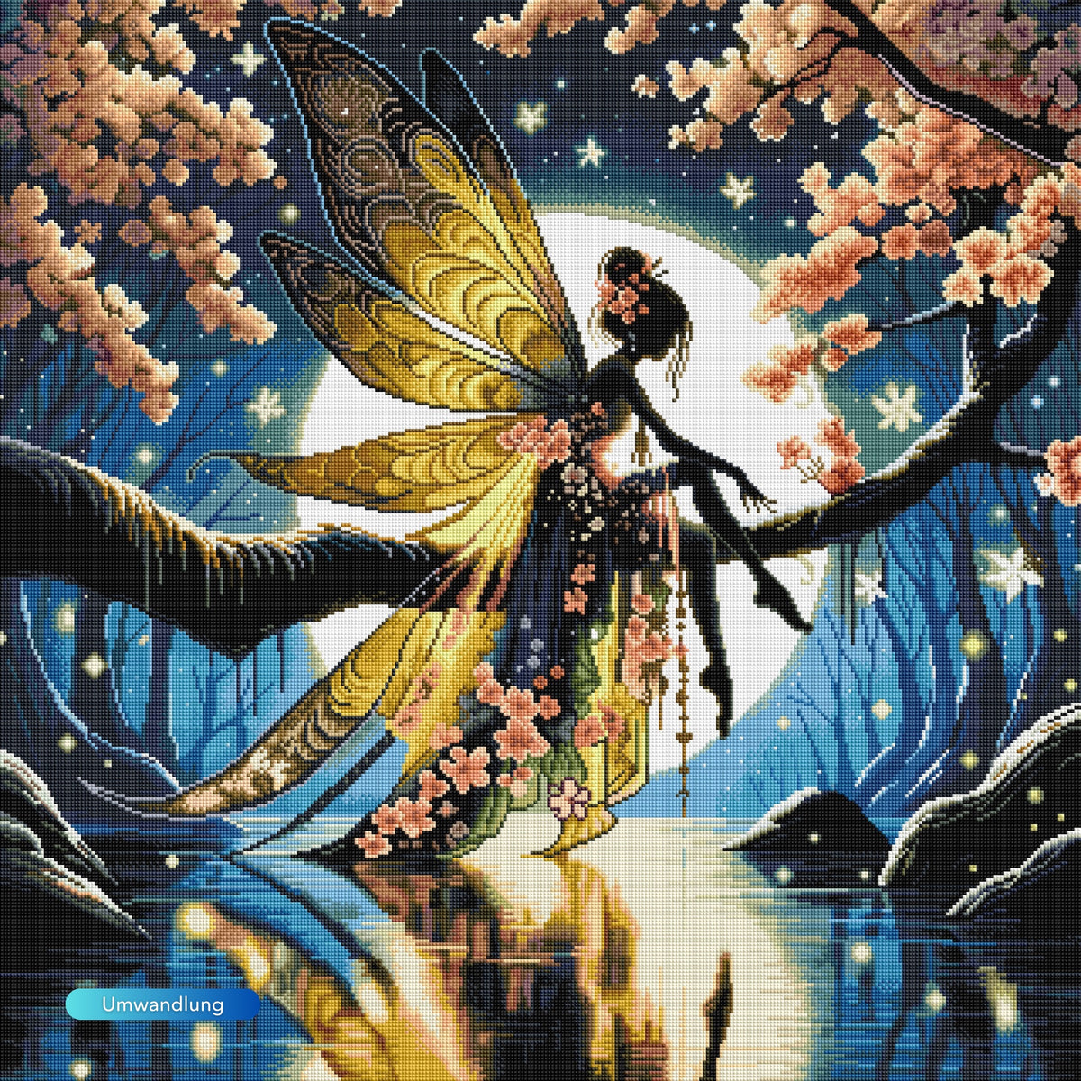 Diamond Painting Mondscheinfee mit glitzernden Steinen: Fantasy Motiv einer Fee vor Vollmond am See mit Kirschblüten.