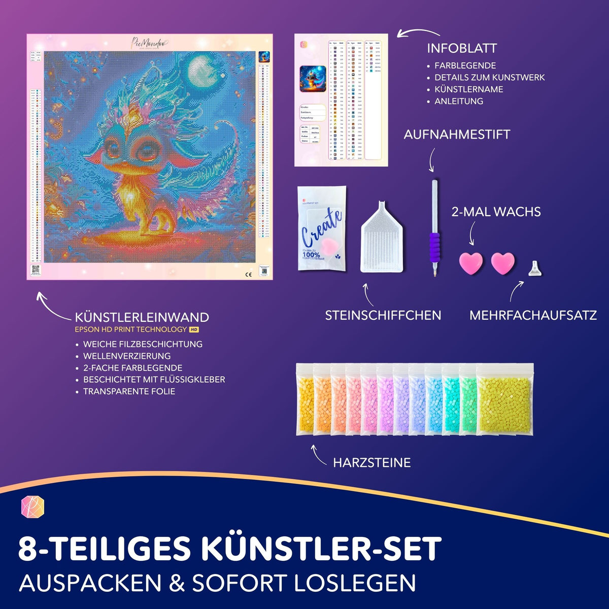 Diamond Painting Set Mondscheintanz mit Fantasy-Motiv, hochwertiger Leinwand, bunten Harzsteinen und komplettem Zubehör
