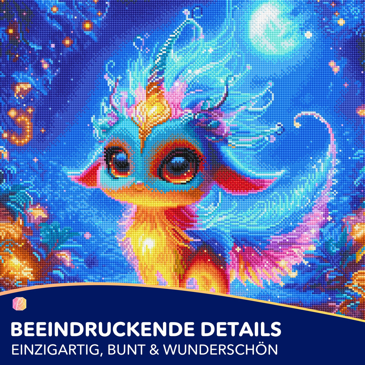 Diamond Painting Mondscheintanz mit buntem Fantasy-Fabelwesen unter leuchtendem Mond und glitzernden Steinen