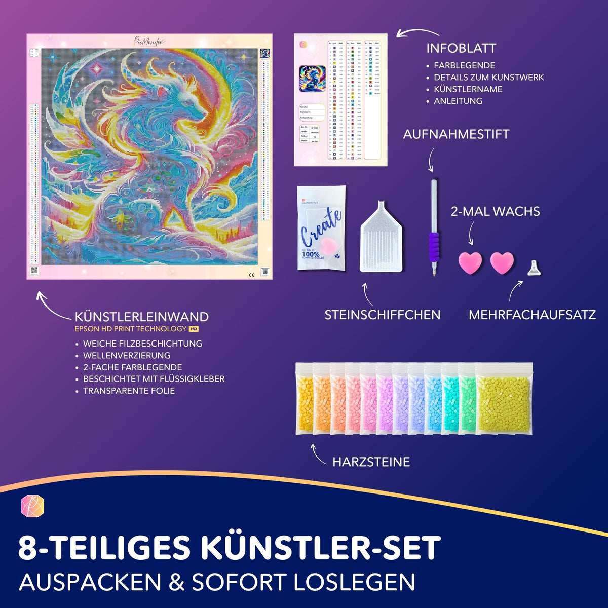 Diamond Painting Set Monja Hüterin der Berge mit Leinwand, bunten Harzsteinen und Zubehör für dieses Fantasy-Motiv