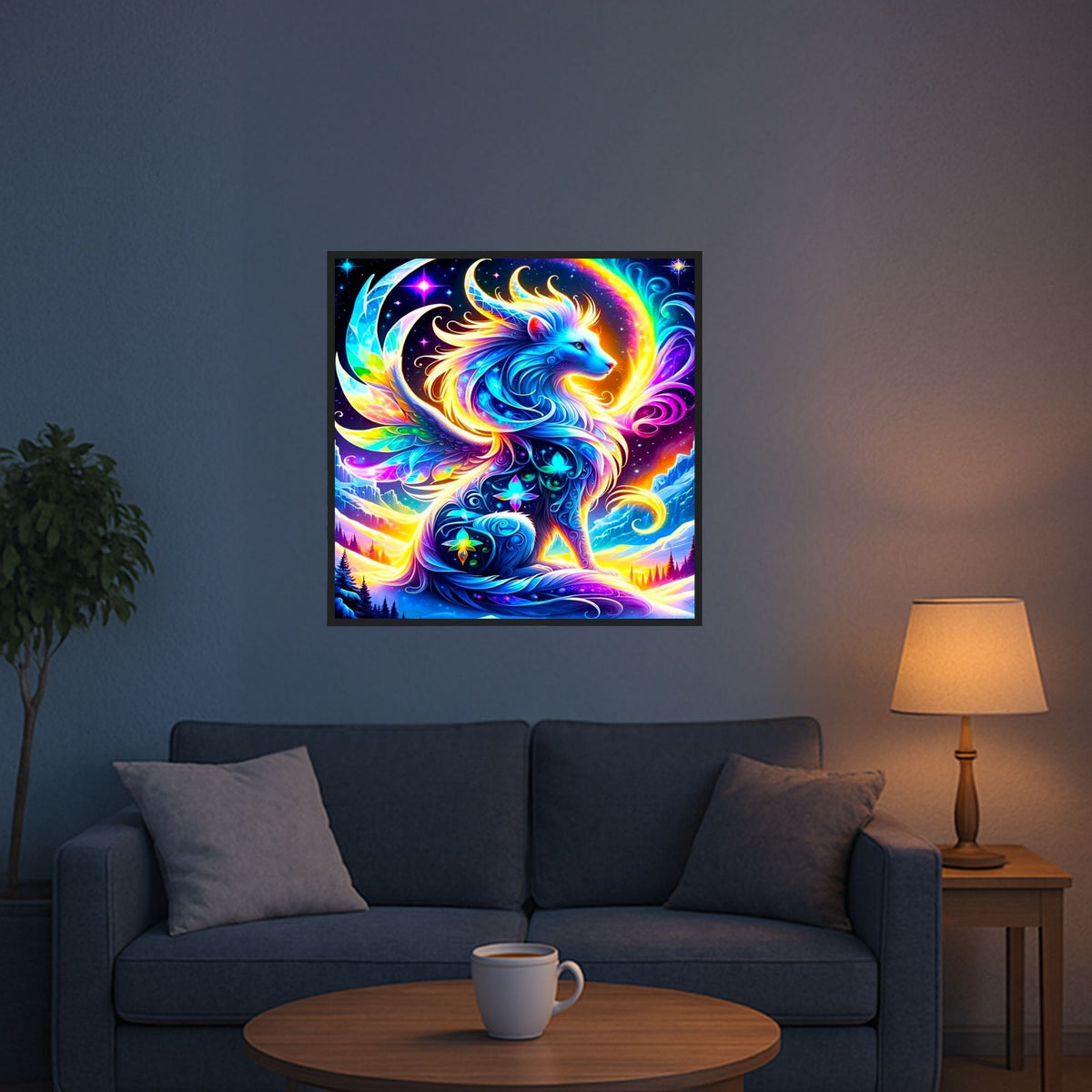 Buntes Diamond Painting Set mit Fantasy-Motiv Monja in einer verschneiten Berglandschaft mit leuchtenden Farben.