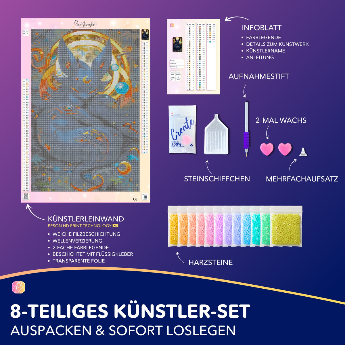 Diamond Painting Set Mystisches Nachtwesen mit Leinwand, bunten Harzsteinen und Zubehör für entspannendes DIY-Basteln
