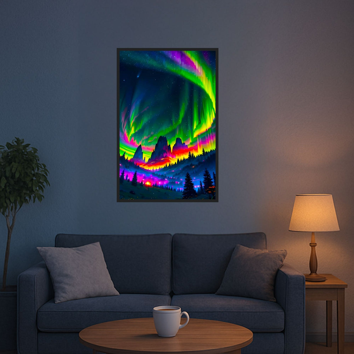 Diamond Painting Set mit buntem Polarlichter-Motiv und glänzenden Steinen als dekoratives Leuchtbild an einer Wand.