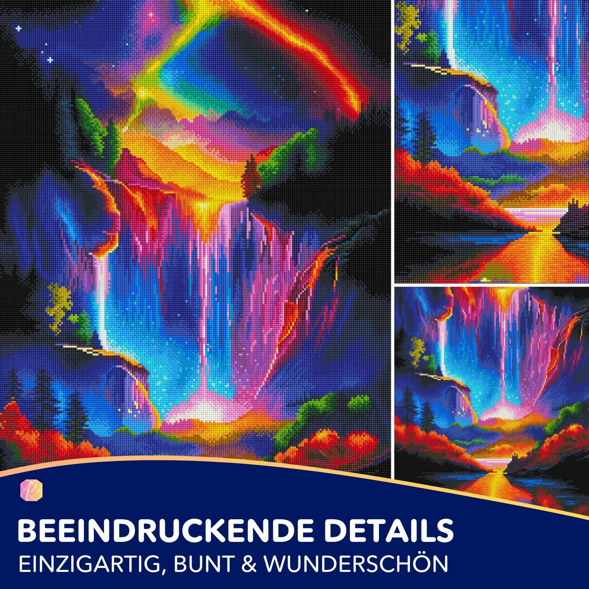 Diamond Painting Set Nachtleuchten am Wasserfall mit farbenfrohen Glitzersteinen, Sternenhimmel und Fantasy-Landschaft.