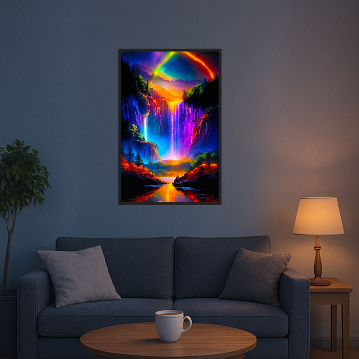 Diamond Painting Set Nachtleuchten am Wasserfall mit farbenfroher Fantasy-Landschaft und leuchtenden AB-Glitzersteinen