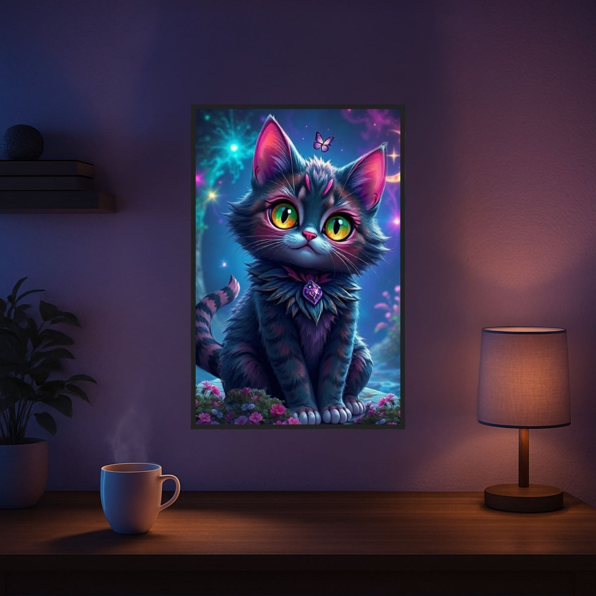 Diamond Painting Set Night Cat mit süßer Fantasy-Katze, Schmetterling und leuchtenden Blumen in 40x60cm