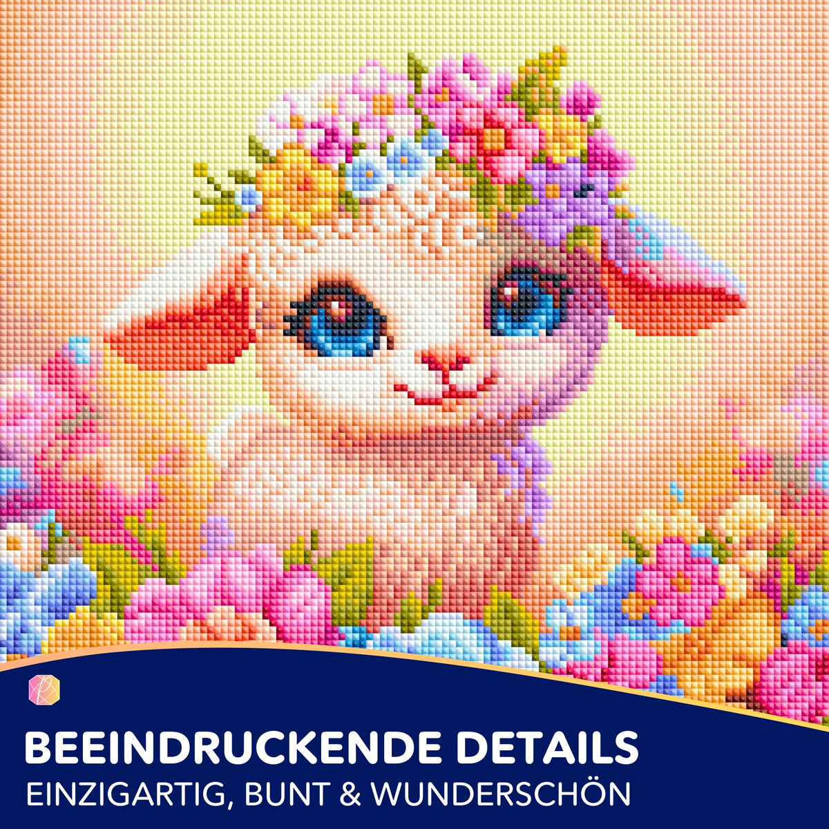 Diamond Painting Osterlämmchen mit Blumenkranz, süßes Tier-Motiv aus glitzernden Steinen als kreatives DIY-Set