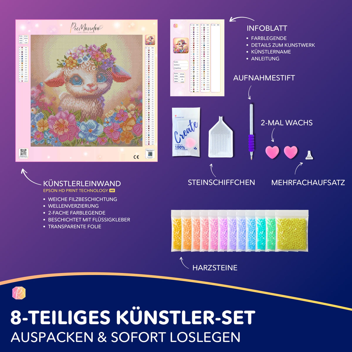 Diamond Painting Set Osterlämmchen mit Leinwand, bunten Steinen und Zubehör für das kreative Hobby.