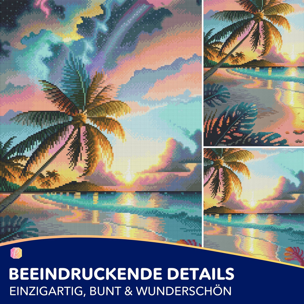 Diamond Painting Set mit Palme im bunten Abendhimmel, glitzernde Steine auf Leinwand mit Meereslandschaft und Sonnenuntergang