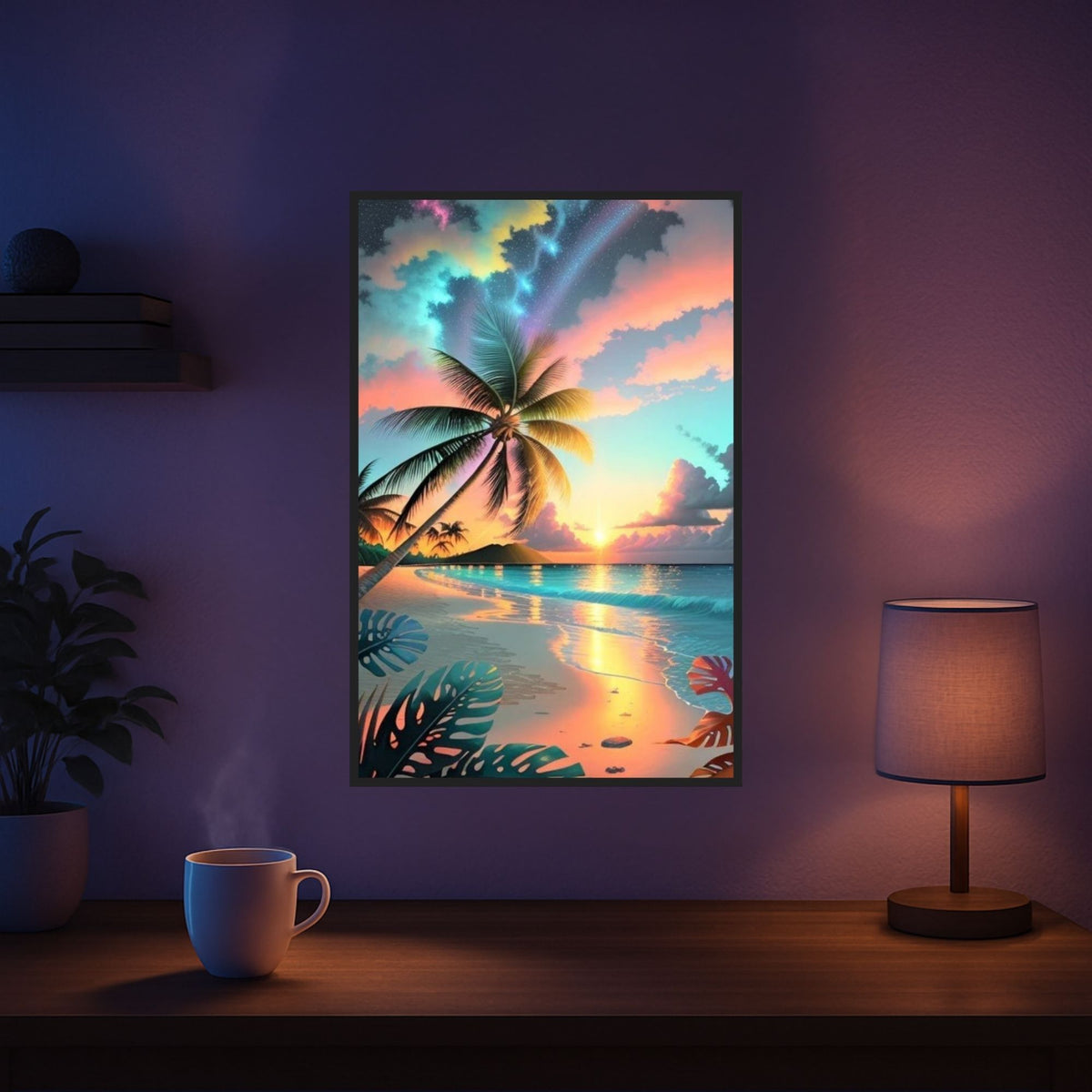 Diamond Painting Set mit Palme am Strand unter buntem Abendhimmel und glitzernden AB-Steinen als Wanddekoration.