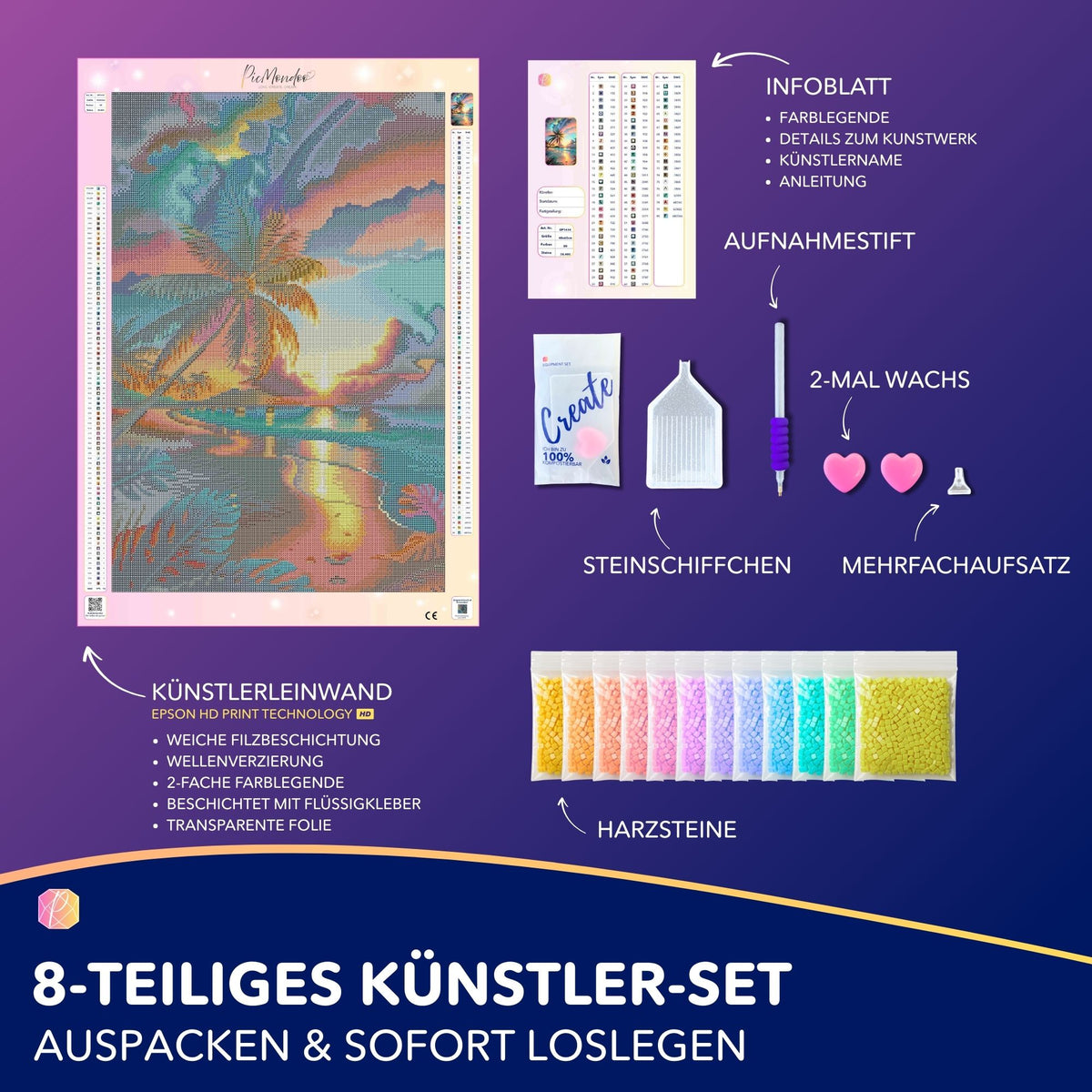 Diamond Painting Set Palme im bunten Abendhimmel mit 40x60cm Leinwand, Harzsteinen und Zubehör für kreative DIY-Kunst