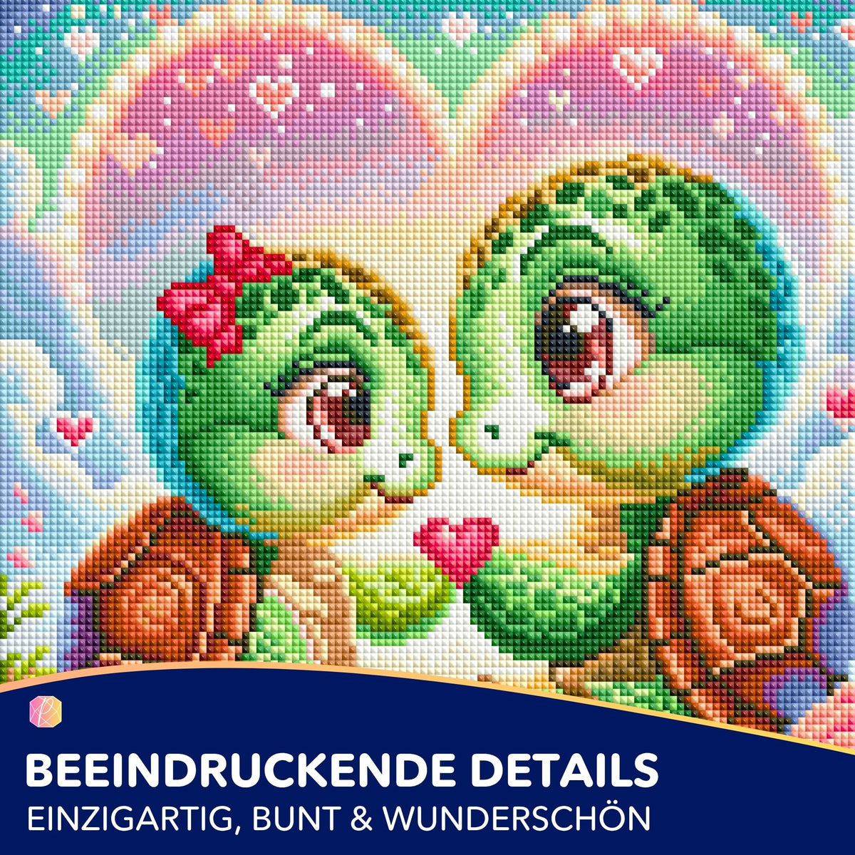 Diamond Painting Set mit süßen Schildkröten, bunten Strasssteinen und Herz-Motiv für kreative DIY-Kunstwerke.