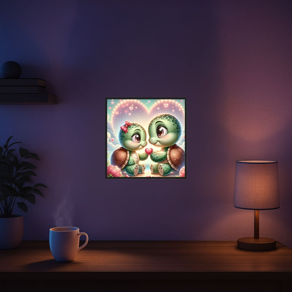 Diamond Painting Set mit süßen Schildkröten, Herzen und Blumen als liebevolles Motiv für kreativen DIY-Bastelspaß.