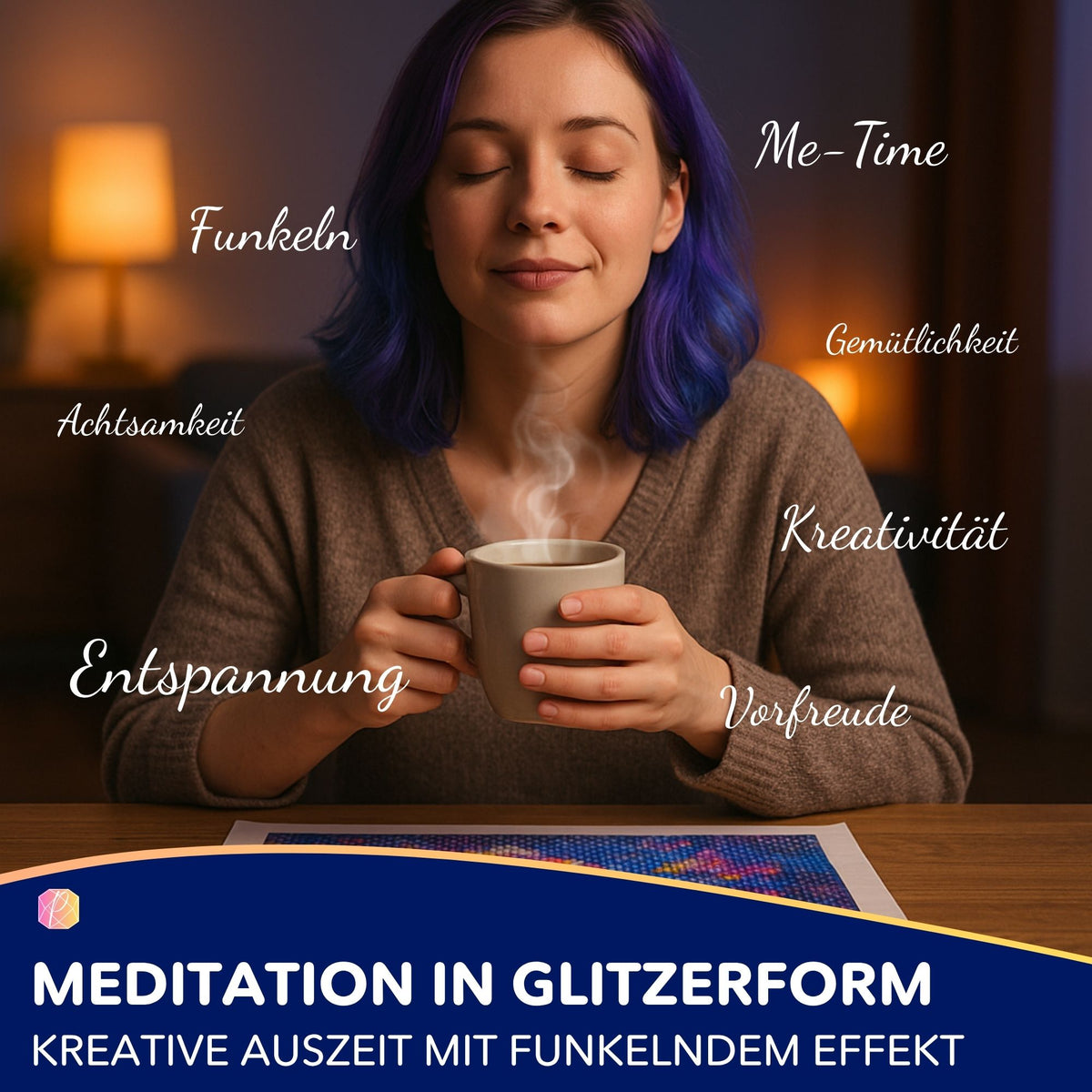 Frau entspannt beim Diamond Painting für Erwachsene mit funkelnden Steinen als kreative Me-Time und Achtsamkeitstraining.