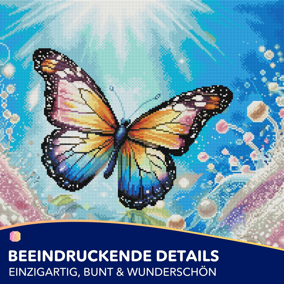 Fertiges Diamond Painting Set mit buntem Schmetterling und leuchtenden Perlen in blauer Fantasie-Umgebung