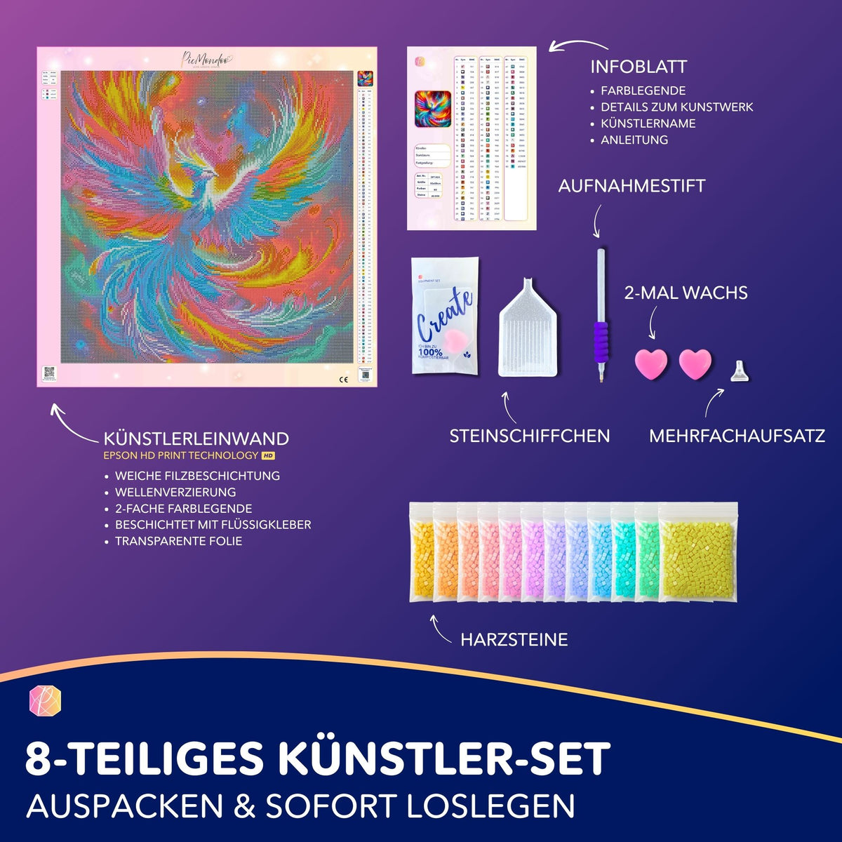Diamond Painting Set Phönix mit bunter Leinwand, Strasssteinen, Aufnahmestift und Zubehör für kreatives Basteln