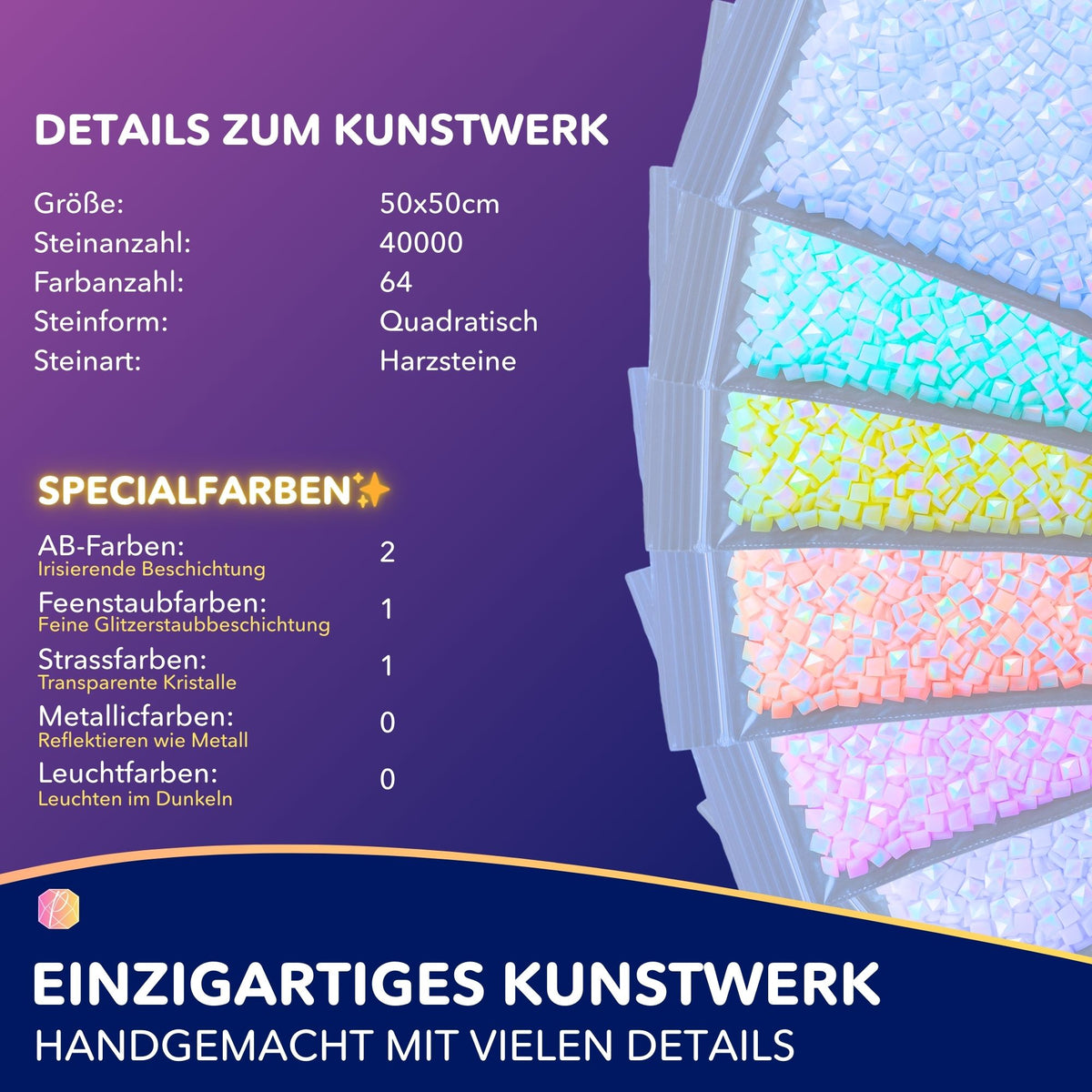 Diamond Painting Set mit quadratischen Harzsteinen in bunten Farben, inklusive AB-Steinen und Feenstaubeffekt.