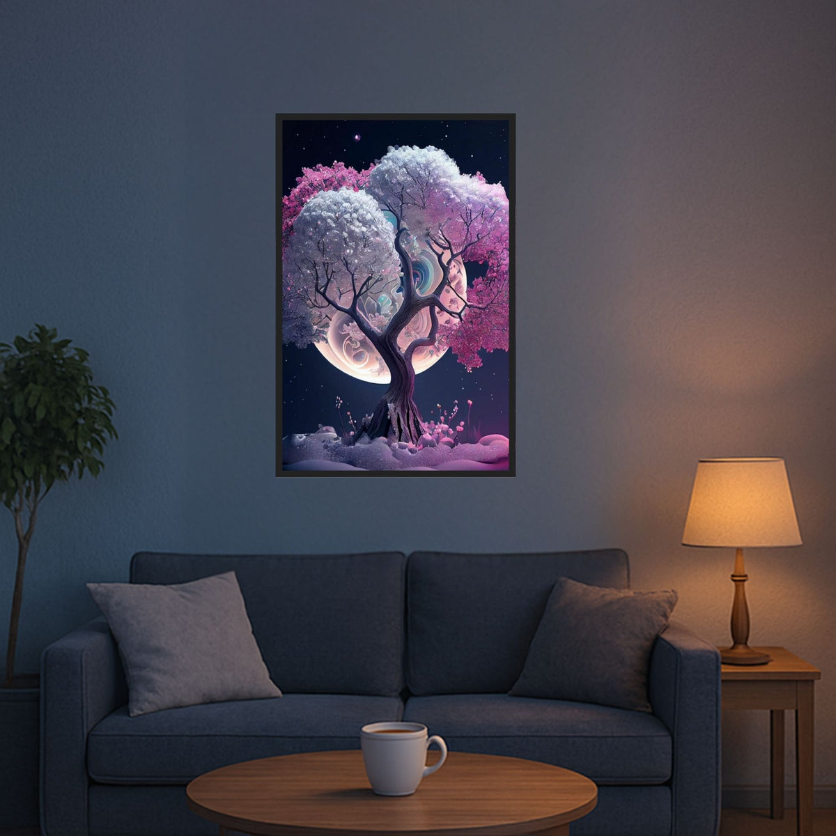 Diamond Painting Set Pink Tree at Night mit leuchtenden Steinen als dekorative Fantasy-Wandkunst im Wohnzimmer.