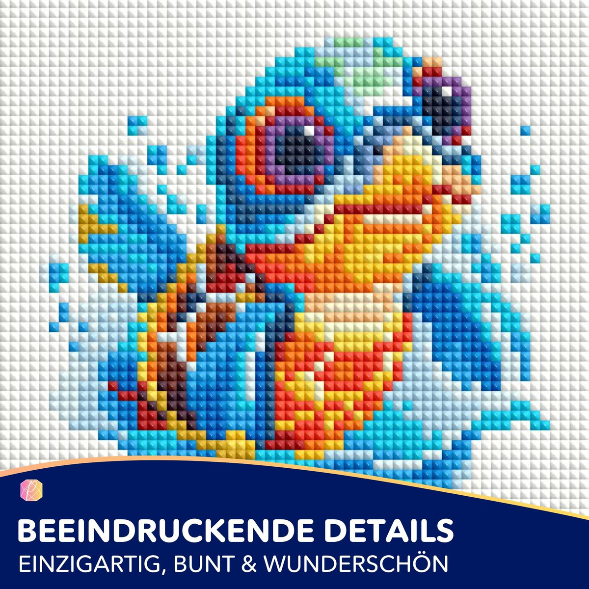 Buntes Diamond Painting Set einer niedlichen planschenden Babyschildkröte mit glitzernden Steinen im Unterwasser-Motiv