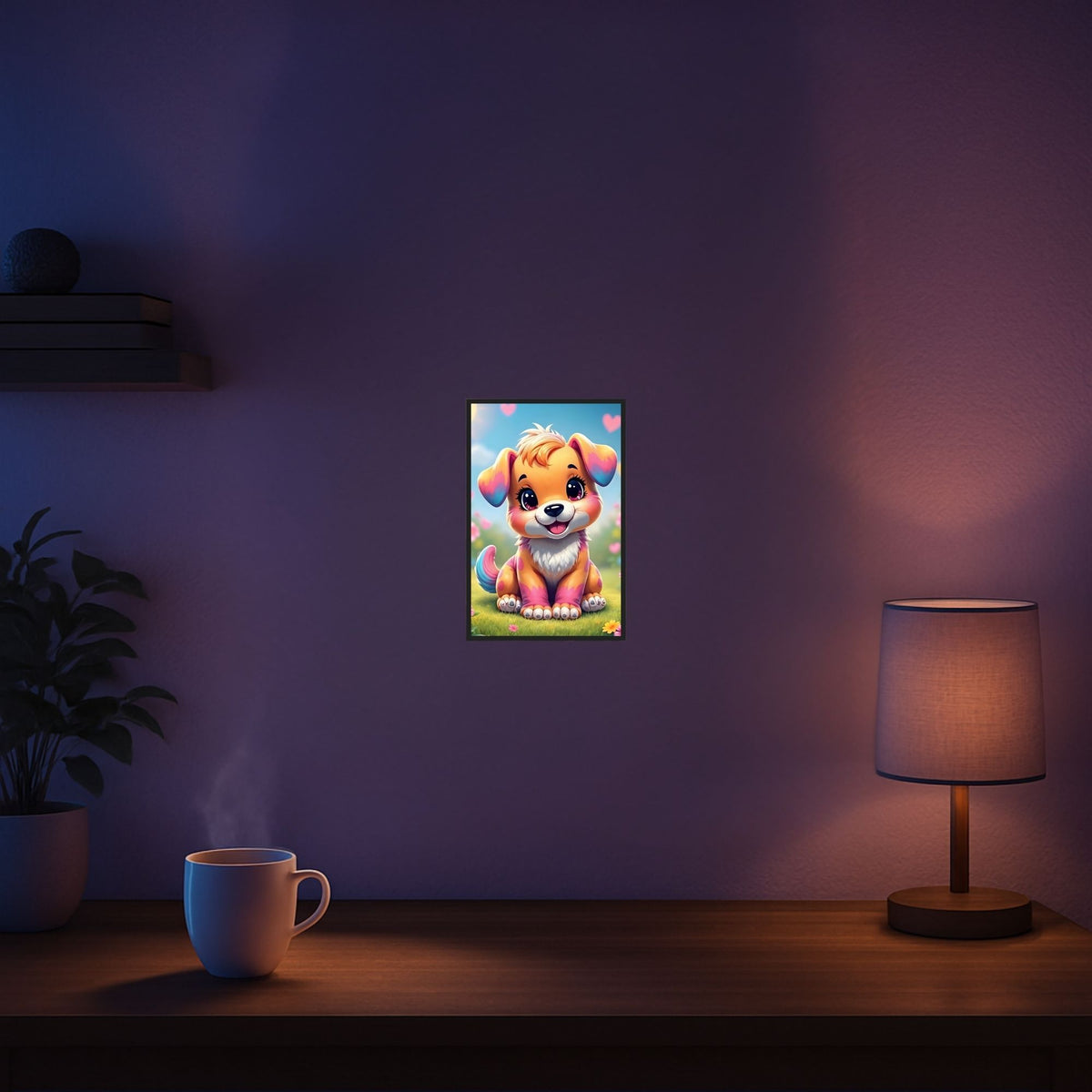 Diamond Painting Set Motiv Puschel: Süßer kleiner Hund auf Blumenwiese als gerahmtes Wandbild im gemütlichen Zimmer.