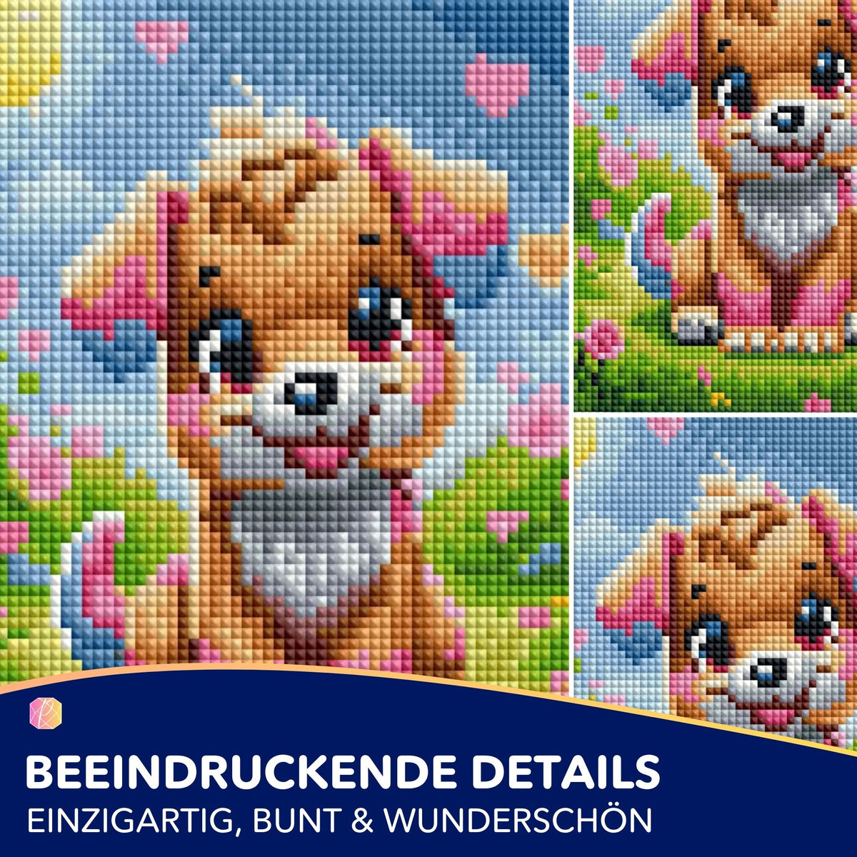 Diamond Painting Set Motiv Puschel: Süßer Hund auf bunter Blumenwiese mit funkelnden Glitzersteinen