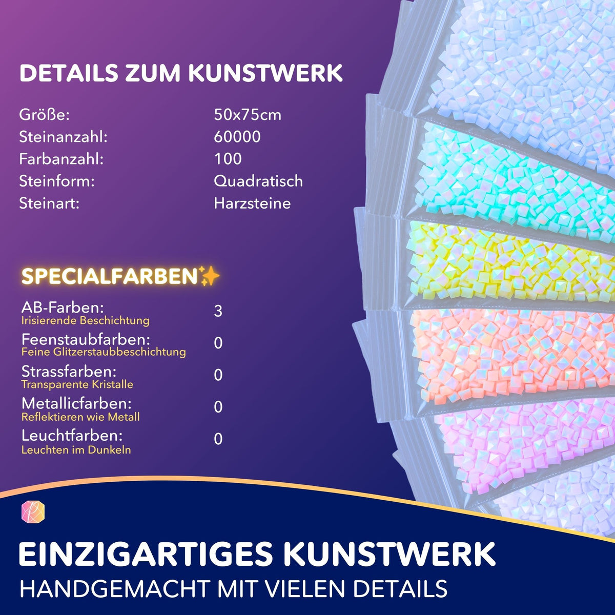 Diamond Painting Zubehör mit 100 Farben und quadratischen Steinen für 50x75cm Sets mit irisierenden AB-Effektfarben.