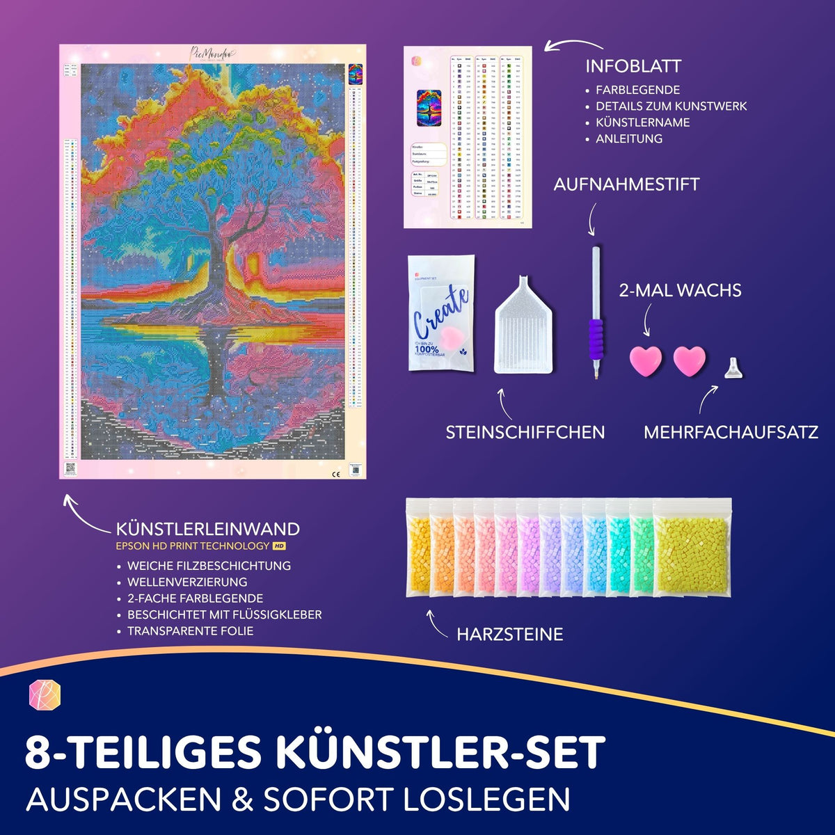 Diamond Painting Set Rainbow Tree mit 100 Farben, eckigen Steinen, Leinwand und komplettem Zubehör zum Basteln.