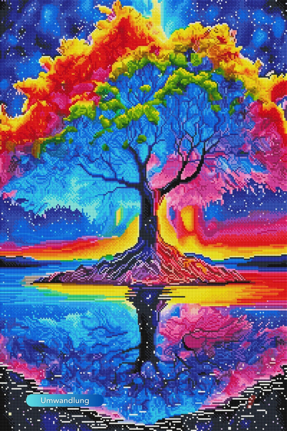 Diamond Painting Set mit bunter Baum-Landschaft, leuchtenden Farben und Spiegelung im Wasser als kreatives DIY-Projekt.