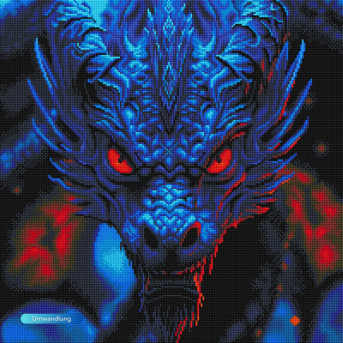Diamond Painting Set eines mystischen blauen Drachen mit leuchtend roten Augen im Fantasy-Stil