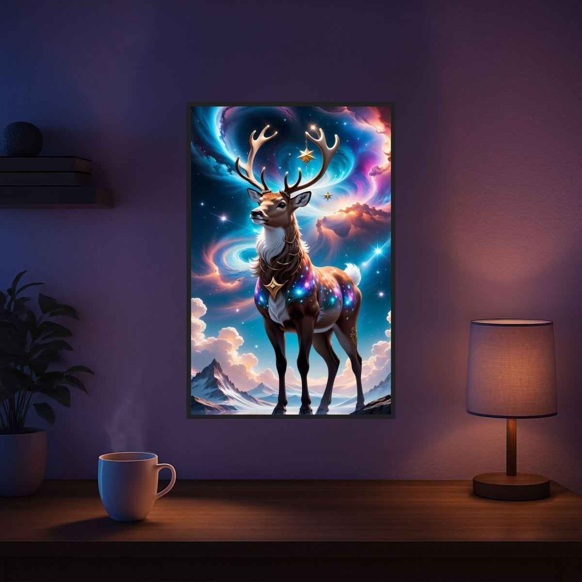 Diamond Painting Set Rentier im Abendzauber mit leuchtenden Steinen vor einem bunten Fantasy-Himmel als Wanddekoration