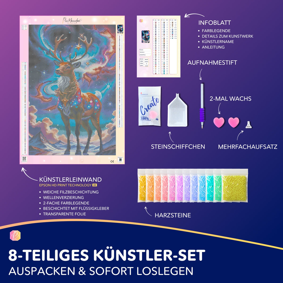 Diamond Painting Set Rentier im Abendzauber mit Leinwand, leuchtenden Steinen und komplettem Zubehör zum Basteln