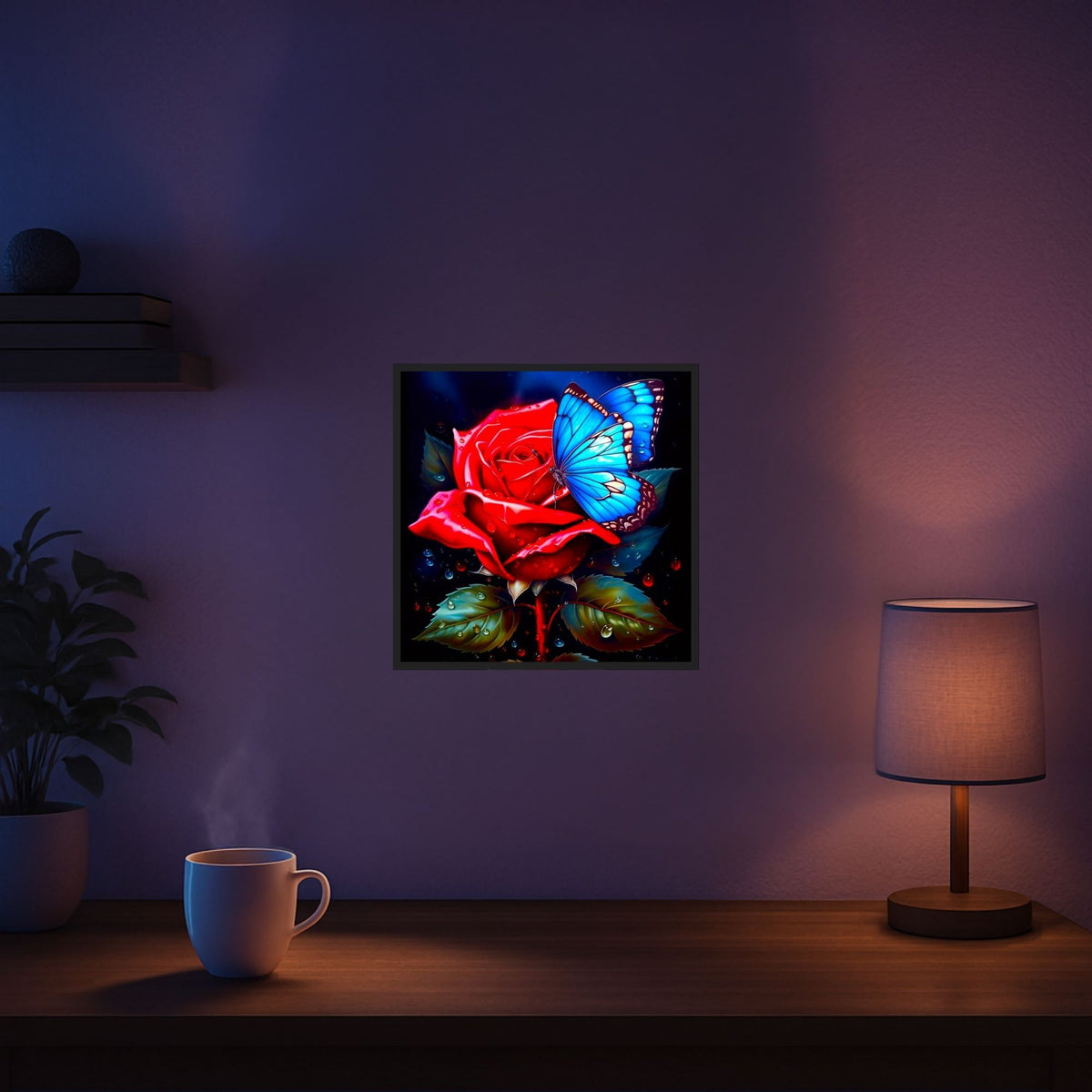 Diamond Painting Set mit roter Rose und blauem Schmetterling, verziert mit glitzernden AB-Steinen für ein DIY-Kunstwerk.
