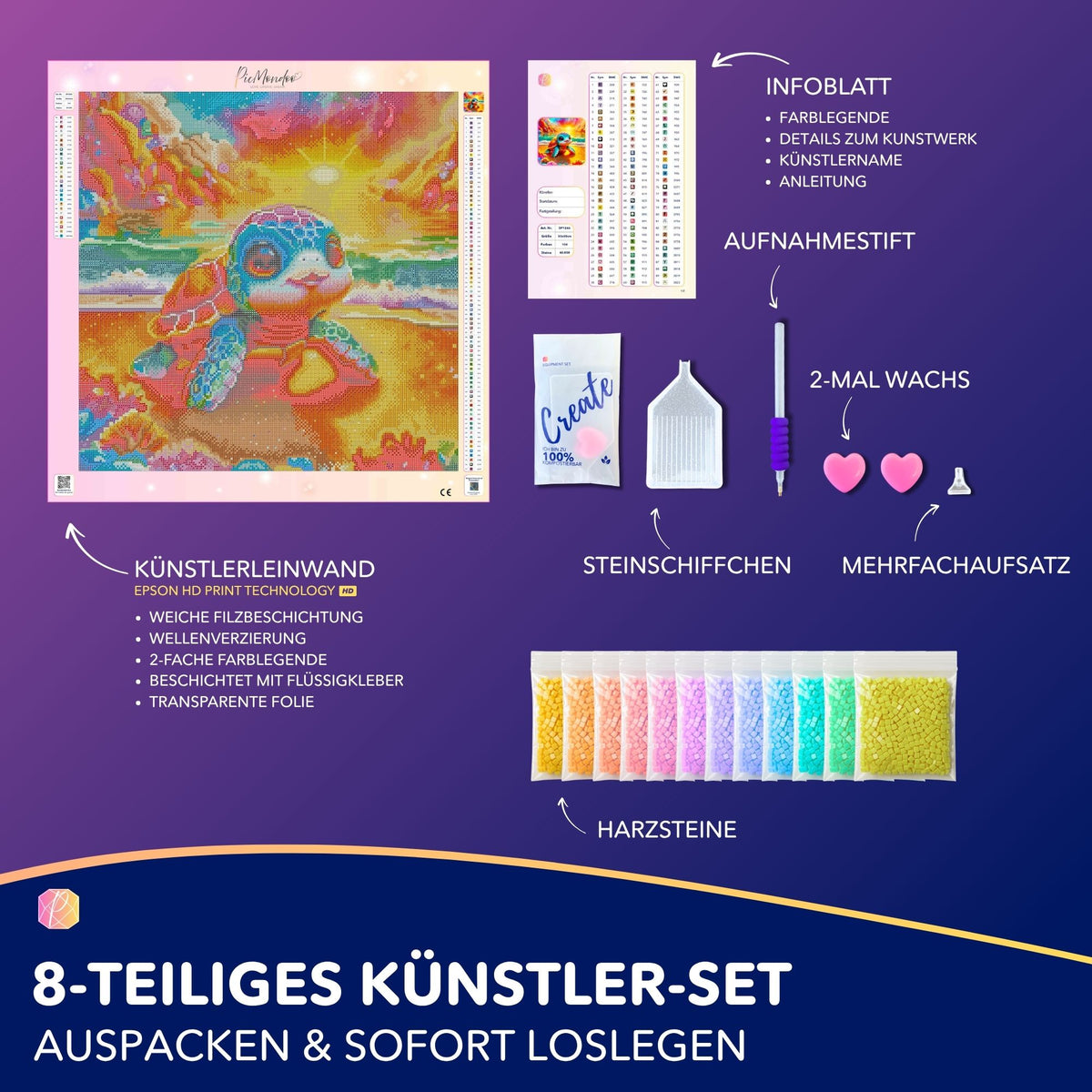 Diamond Painting Set mit Schildkröten-Motiv, bunten Glitzersteinen, Leinwand, Stift und Zubehör für DIY-Kunstprojekte