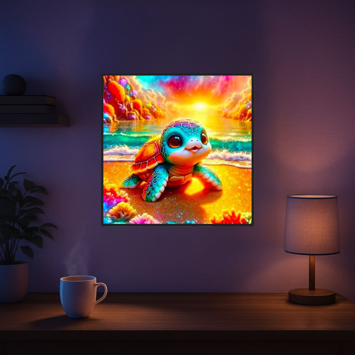 Buntes Diamond Painting Set: Baby Schildkröte am glitzernden Strand bei Sonnenuntergang mit 100 Farben Motivdetails.