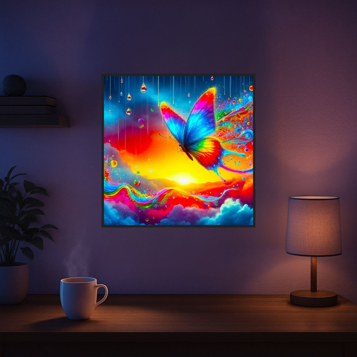 Diamond Painting Set Schmetterling im Regenbogenfluss mit 100 leuchtenden Farben und glitzernden Steinen als Wandkunst.