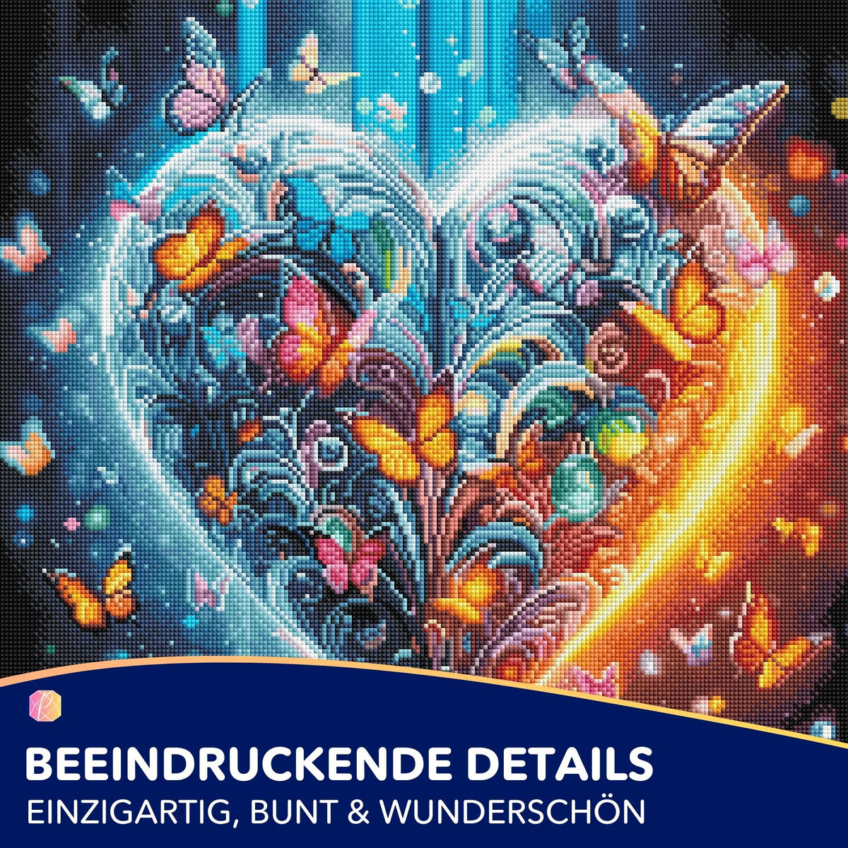 Diamond Painting Set Schmetterlingsherz mit bunten Glitzersteinen und leuchtendem Fantasy-Herz-Motiv für kreative Bastler.