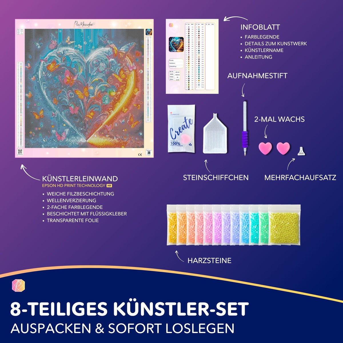 Diamond Painting Set Schmetterlingsherz mit Leinwand, bunten Strasssteinen und Zubehör für kreatives DIY-Basteln