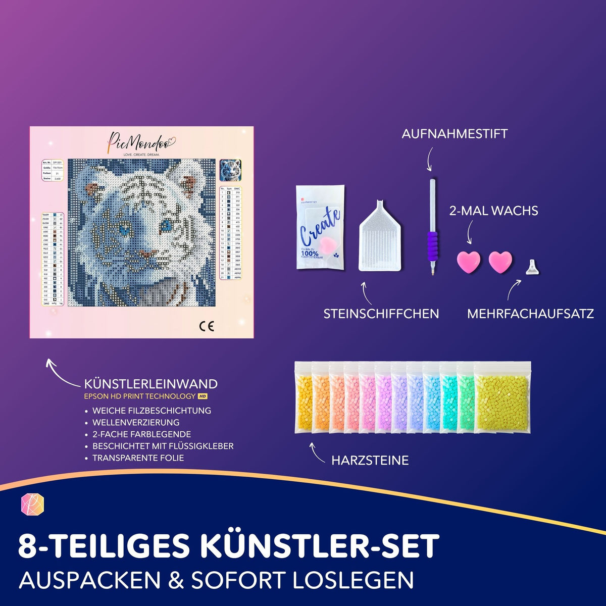Picmondoo Diamond Painting Set Schneetigerbaby mit Leinwand, bunten Harzsteinen und Zubehör für DIY Kunstwerke.