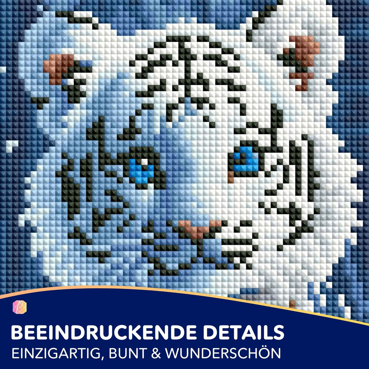 Diamond Painting Set mit süßem Schneetigerbaby und strahlend blauen Augen auf glitzernder Leinwand
