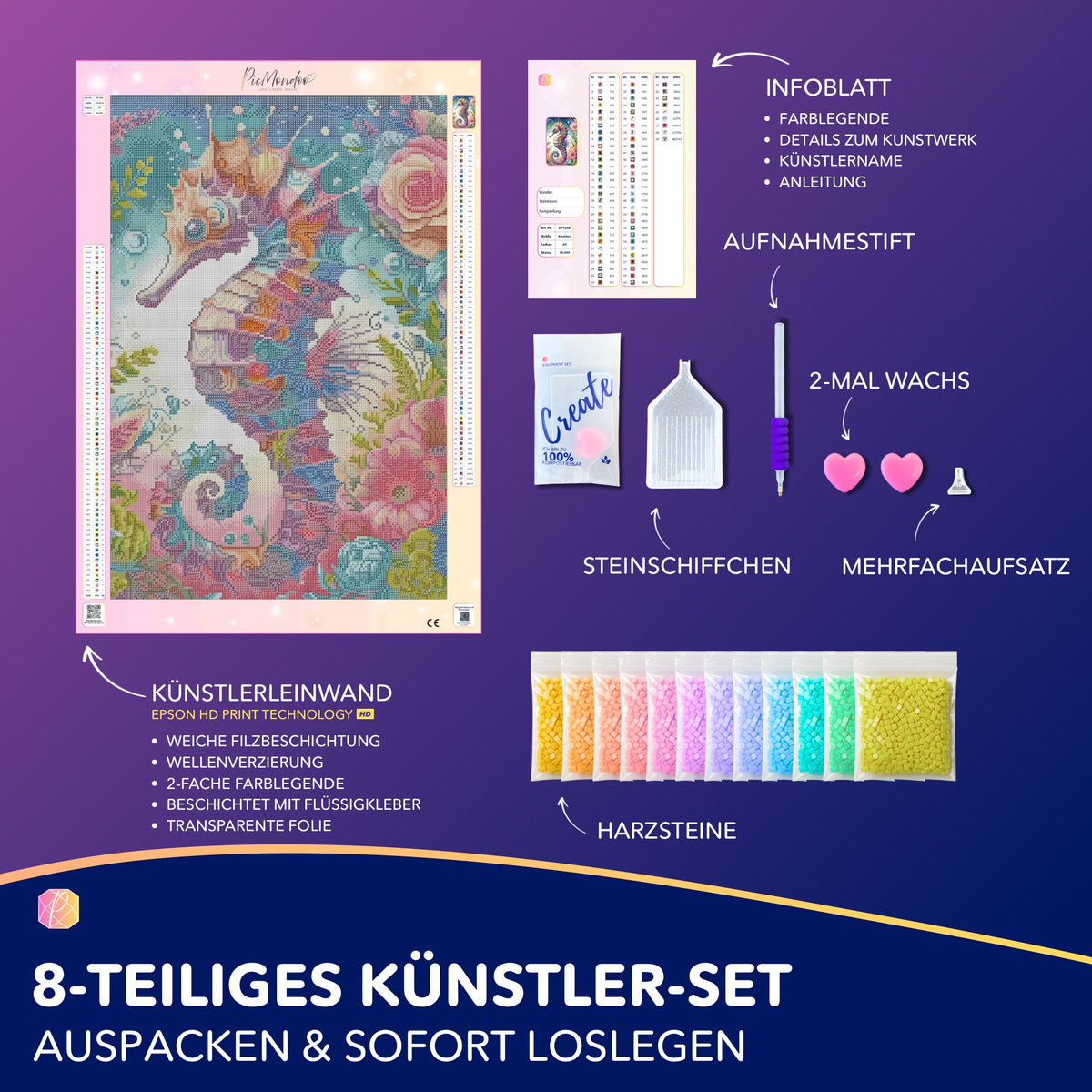 Diamond Painting Set Seepferdchen Blütentraum mit Leinwand, bunten Steinen und Equipment für DIY-Kunstwerke